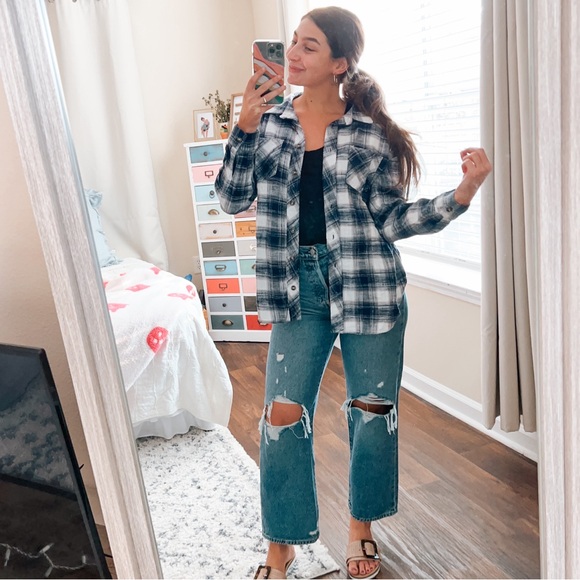 (maurices) navy blue & white long sleeve plaid button down top - Picture 9 of 9